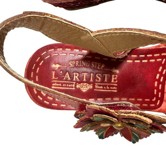 NEW L'Artiste Spring Step Laisis Red Leather Flower Accented Wedge Sandals 39 - Picture 8 of 10